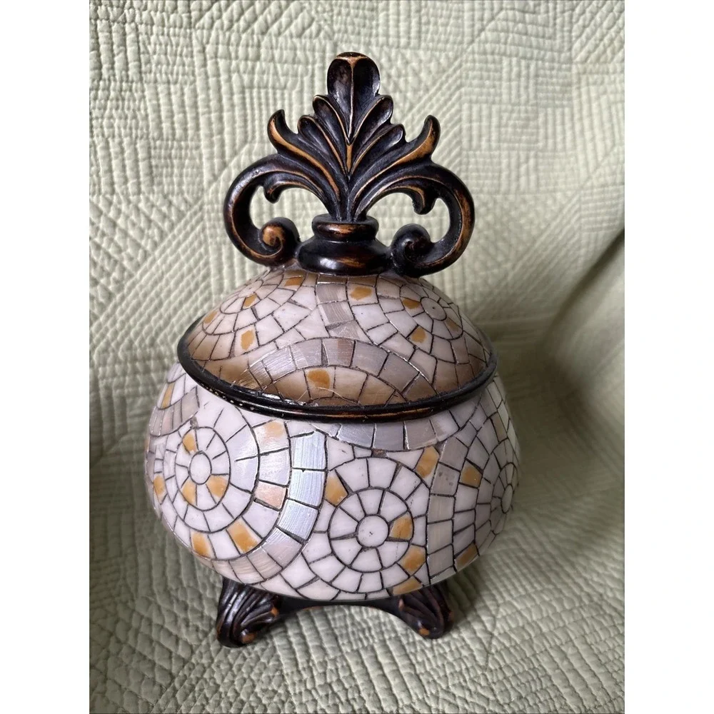 Mosaic Fleur De Lis Lidded Trinket Jewelry Keepsake Pearl Gold Decorative Jar